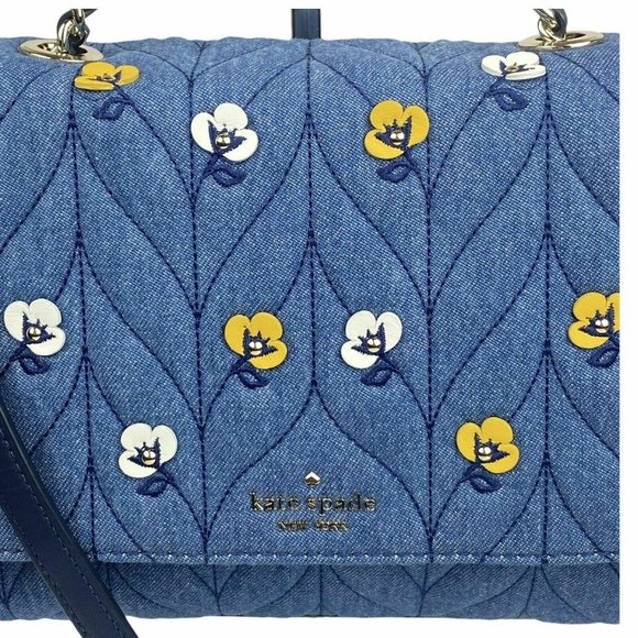 Kate Spade Emelyn Briar Lane Quilted Blue Denim 3D Flowers Shoulder Purs… - Picture 6 of 12